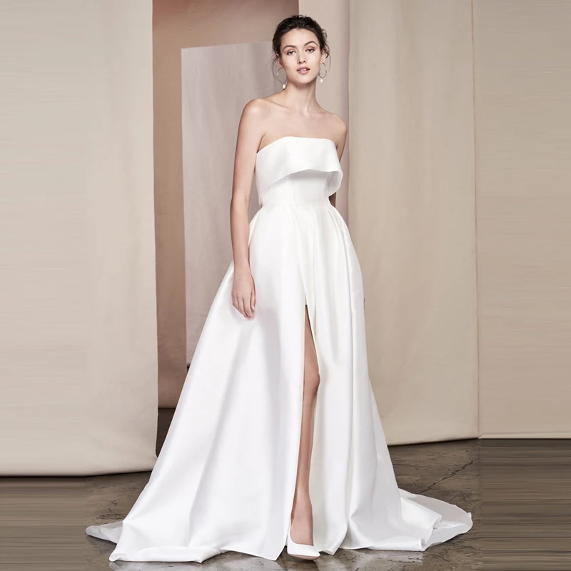 Elegant satin strapless Wedding Dresses Split A-Line Bride With court Train Bride Dress Vestidos custom plus size