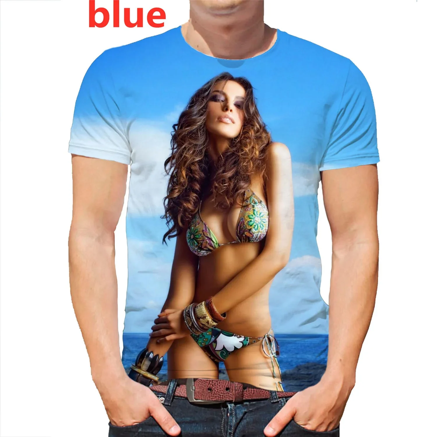 Best-selling Summer Beach Bikini Model 3D Printed T-shirt Fun Creative Passion Men\'s and Women\'s Casual Loose Crewneck T-shirt