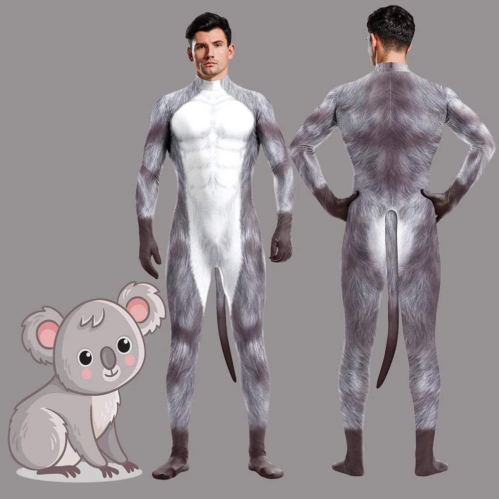 

Koala Zentai with Tail Animal Cosplay Costume Man Carnival Party Jumpsuit 3D Print Furry Pattern Outfit Adult Stage Bodysuit