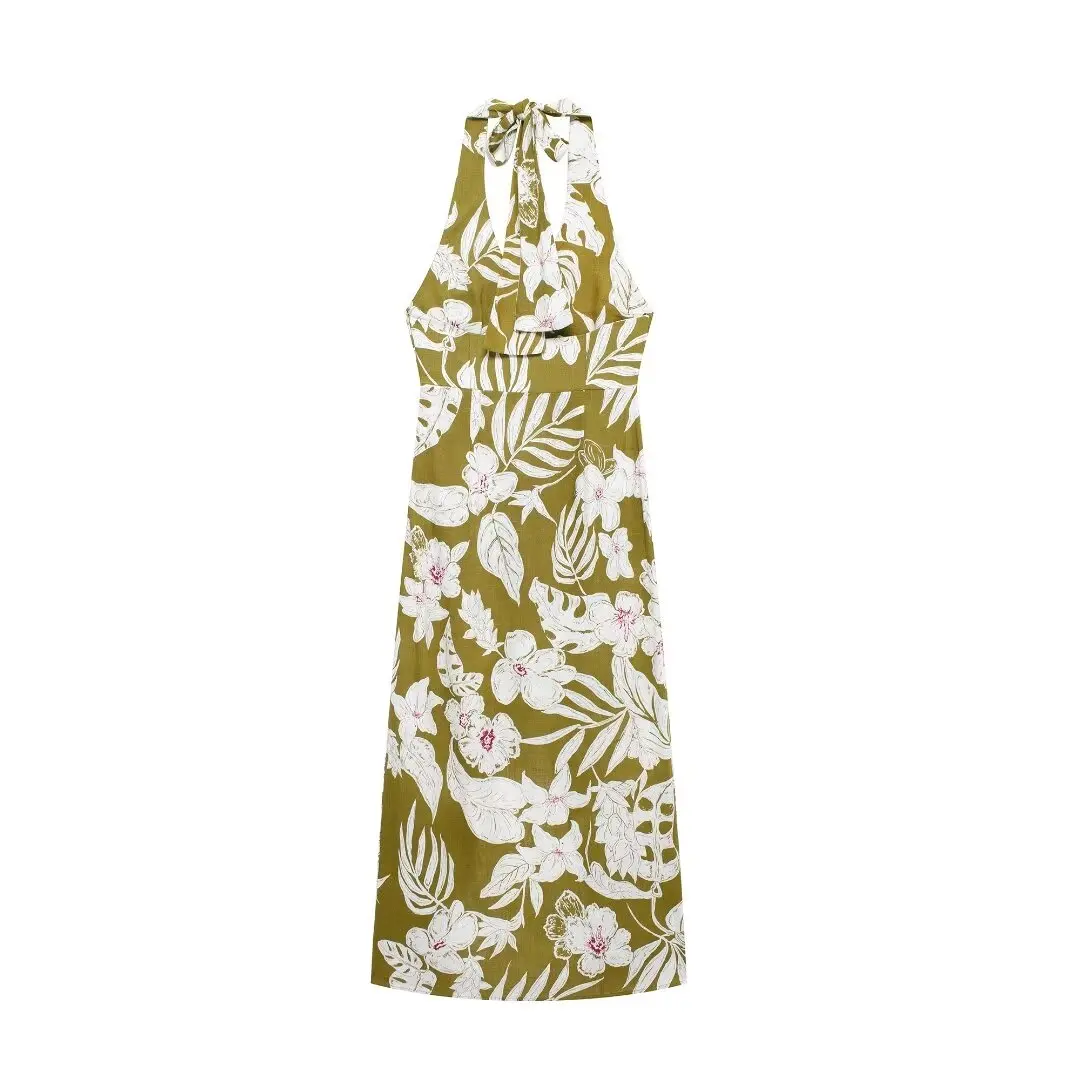 Women's 2024 New Fashion Temperament Joker Flower Print With Slit Neck Design Long Dress Retro Sleeveless Dress Mujer