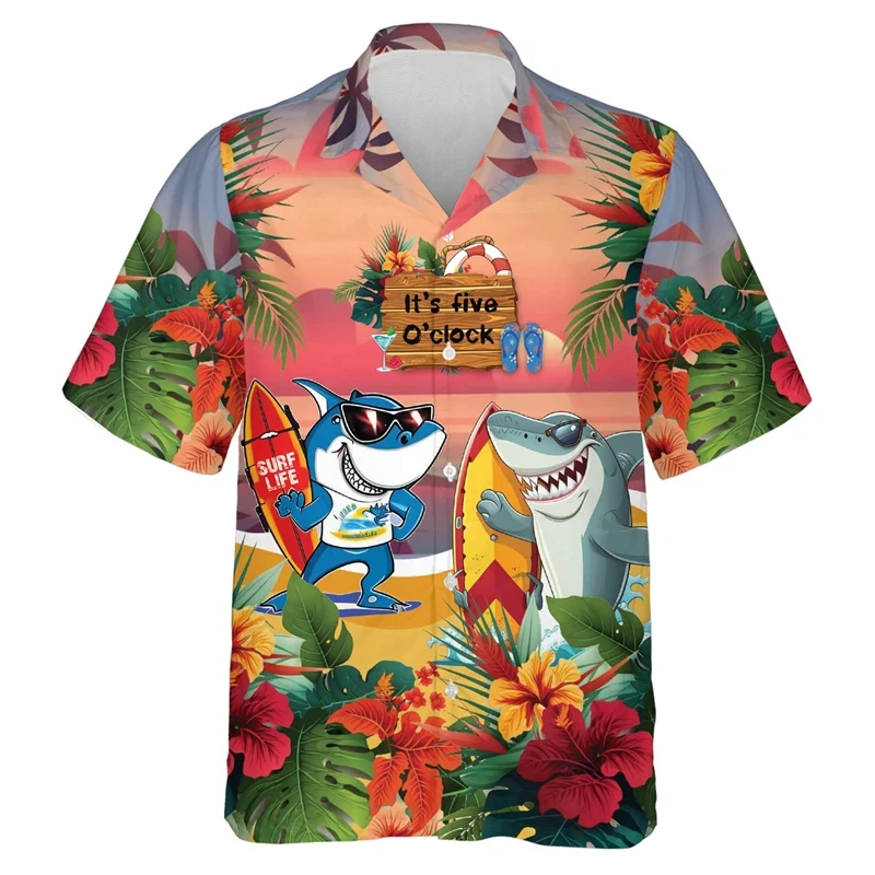 Chemises de Requin Hawaïen pour Homme, Vêtements Amusants, Graphiques d\'Animaux, pour la Plage, la Rentabilité, Surf, Blouse à Revers, Vacances,