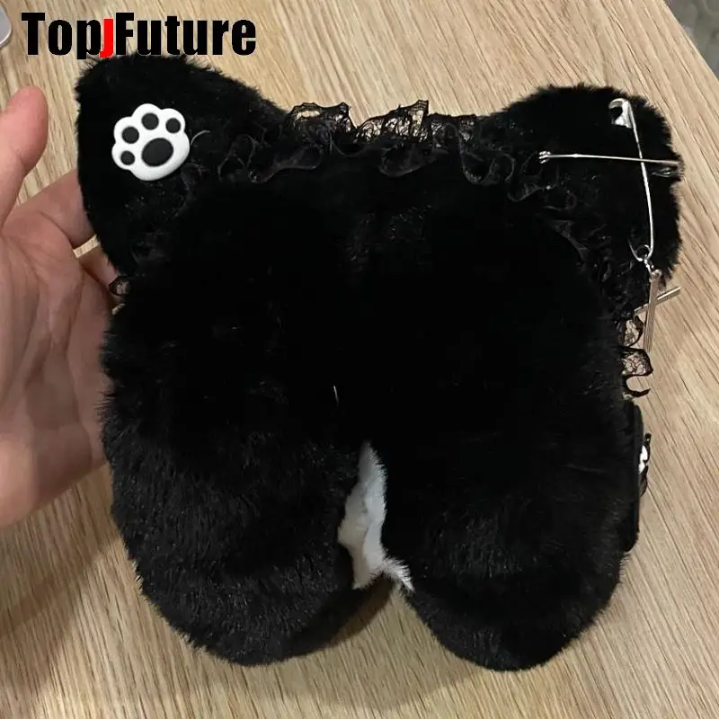 Harajuku Furry Earmuffs para mulheres, cão preto, menina, quente, de pelúcia, gótico, Lolita, aquecedor, regaço, orelha, asas subculturais, renda, gato, chapéu de orelha, Y2K, Y2K