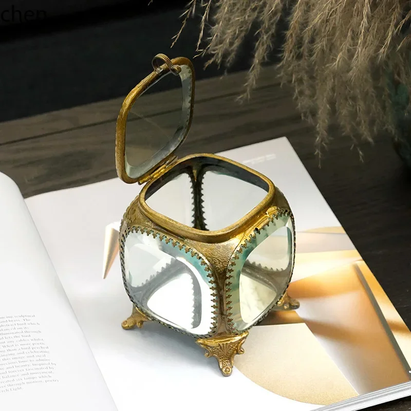 L20- Handmade Copper Edge Multi-faceted Glass Jewelry Box Storage Box Home Decoration Ornaments