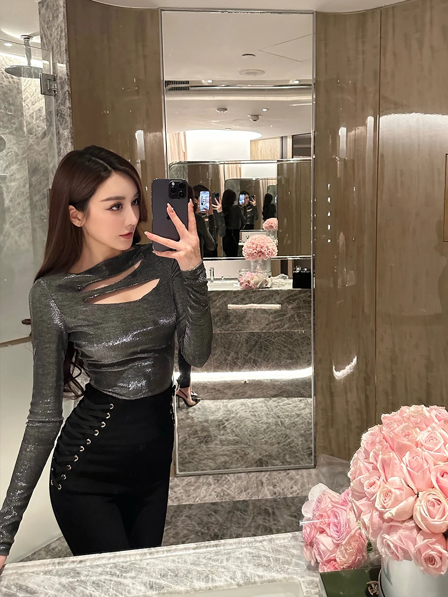 

Sexy Hollow out Long Sve Slim Fit Women's T-irt Inner Wear Base Layer Top Pure Desire Design Spring Autumn Winter