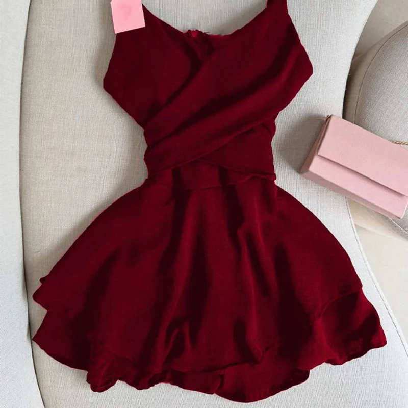 فستان قصير أحمر عتيق للنساء أنيق للحفلات الكشكشة السباغيتي حزام فساتين الصيف السيدات الكورية Bodycon تصميم ألف خط Vestidos