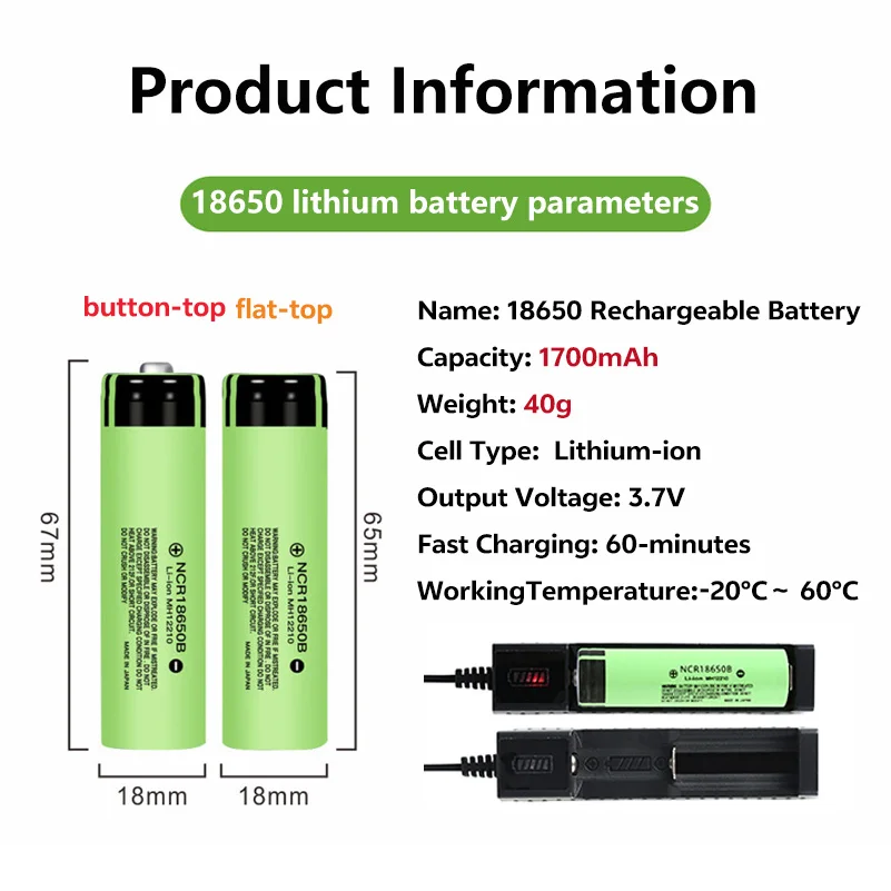 18650 1700mAh 3.7V Rechargeable Li-Ion Battery High-Drain for Flashlights 2-20pcs Bulk Available, 1000+ Charge Cycles