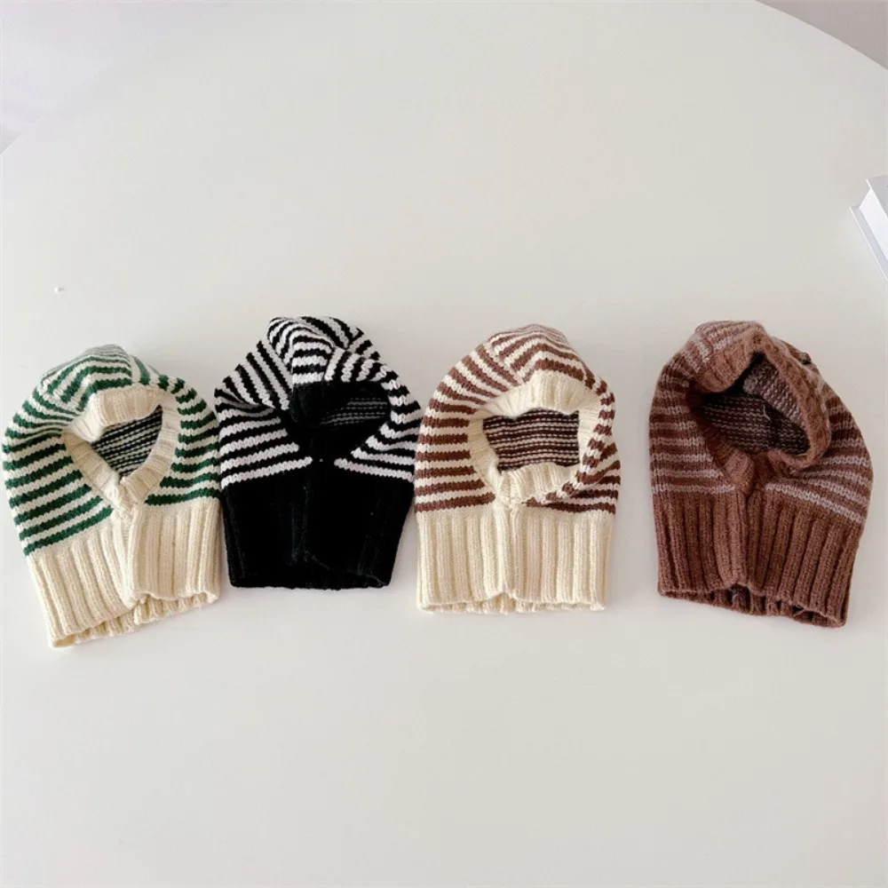 Striped Design Winter Kids Scarf Hooded Style Knit Material One-Piece Hat Balaclava Shape Ear Protection Baby Hooded Beanie