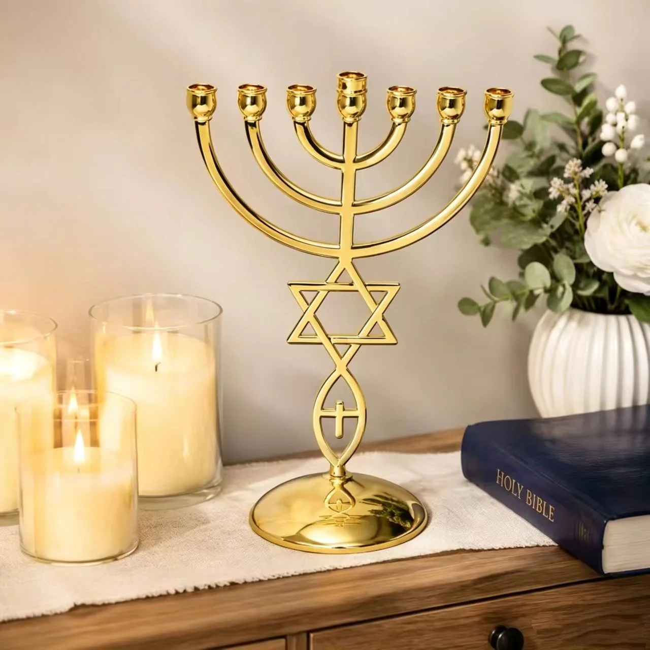 Hanukkah Seven-Headed Candle Holder Set Star of David Jewish Candlestick Home Decoration Religious Gift Ornament