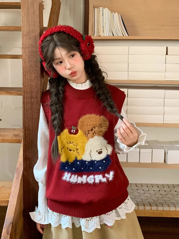 

Cartoon Print Knit Sweater Vest Women Sweet Kawaii O Neck Sleeveless Casual Pullovers Red Preppy Cute Loose Jacquard Jumpers New