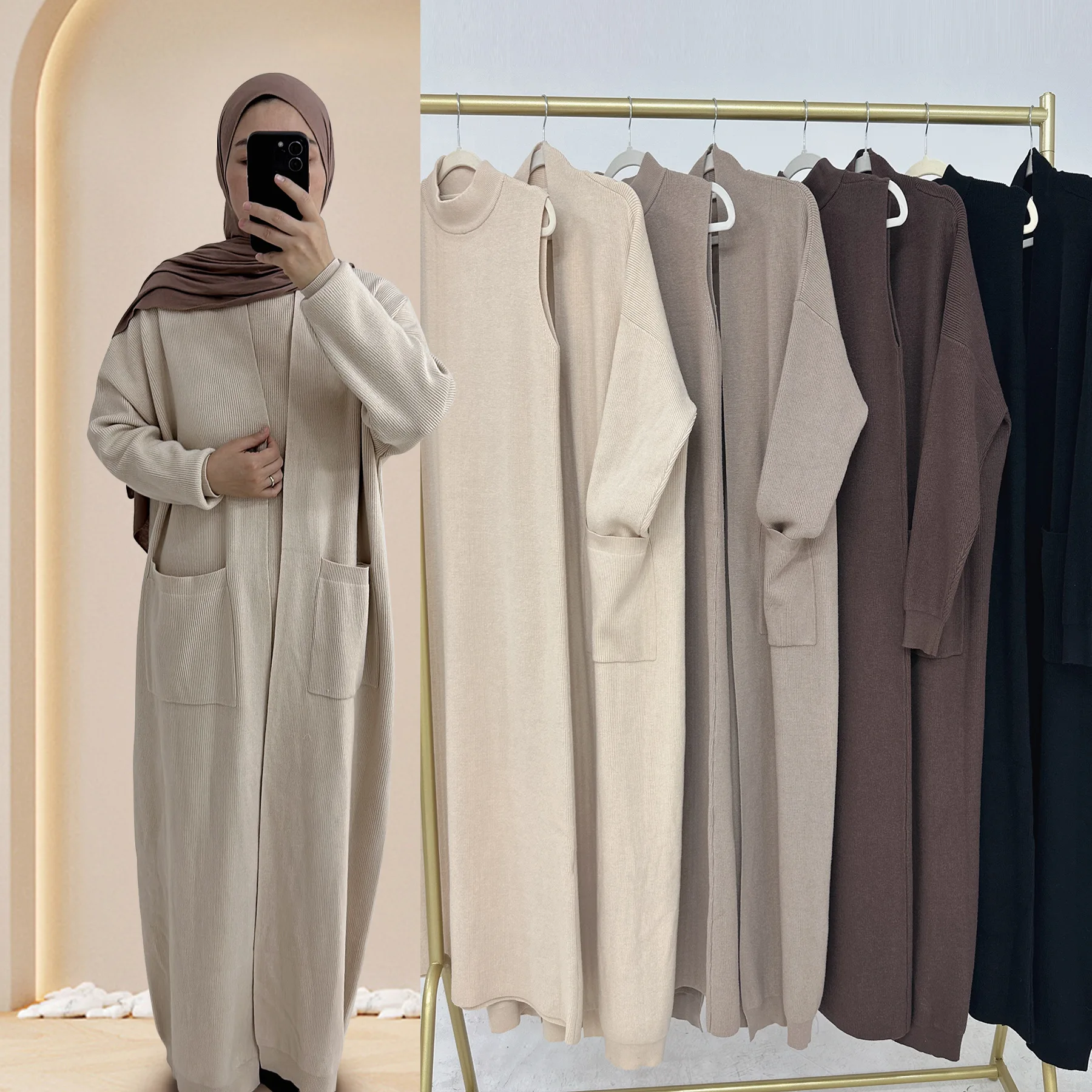 Winter Knitted Muslim Set for Women Thick Kimono Cardigan with Inner Dress Suit Dubai Abaya Kaftan Ensemble Morocco Outfits Robe