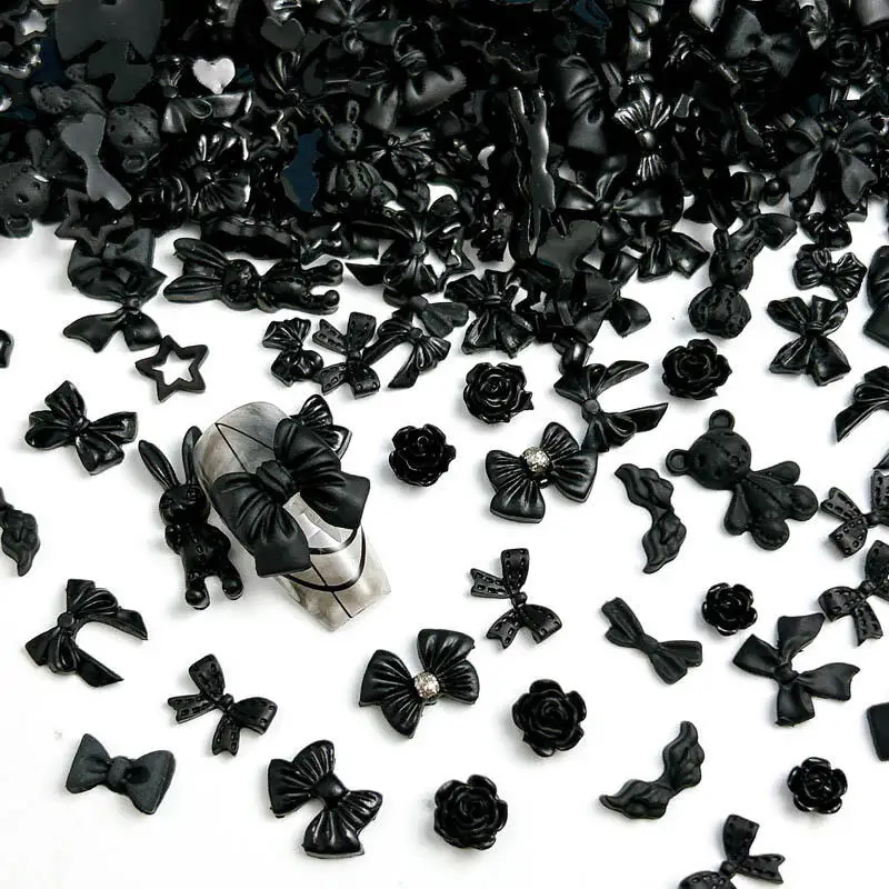 50PCS Multiple Style Black Bows Rose Nail Art Decorations Resin Mini Heart Star Dark Style Nail Charms  Handmade DIY Manicure