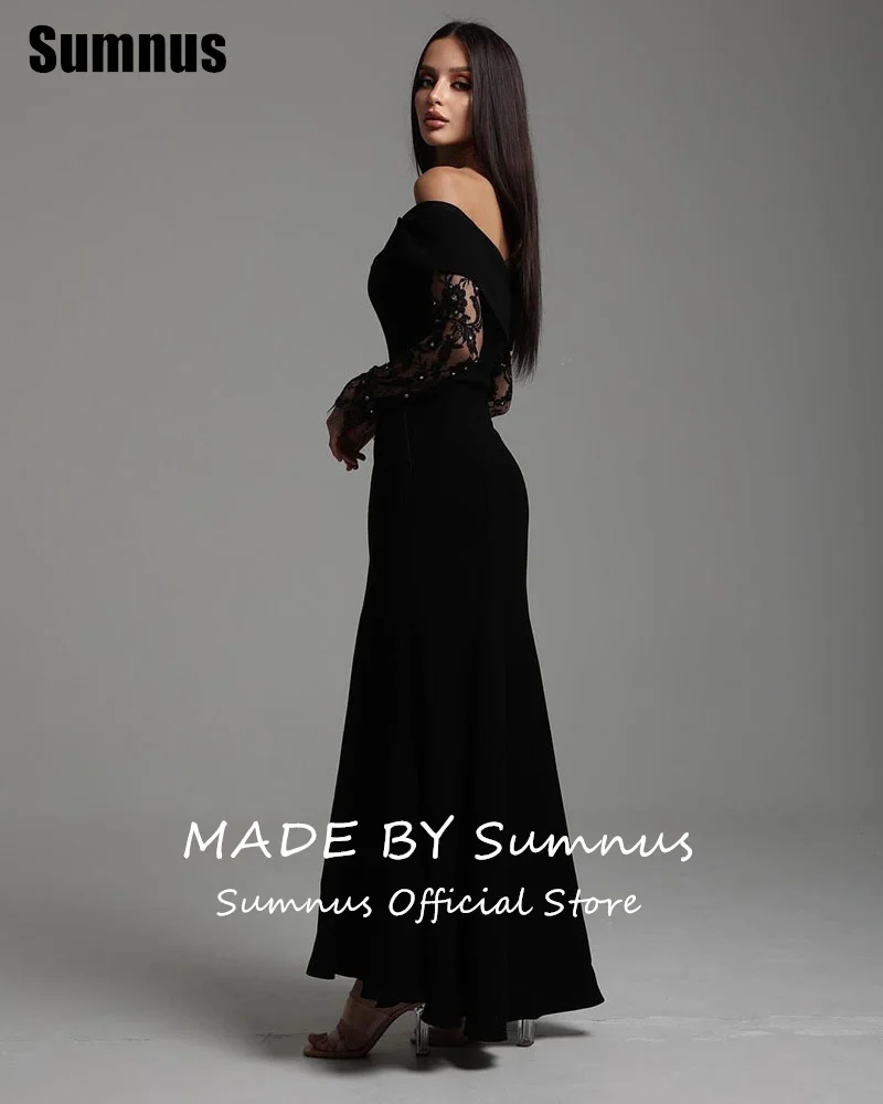 SUMNUS-vestido de fiesta de sirena negro con encaje, vestidos de fiesta elegantes con hombros descubiertos, vestidos formales hasta el suelo personalizados