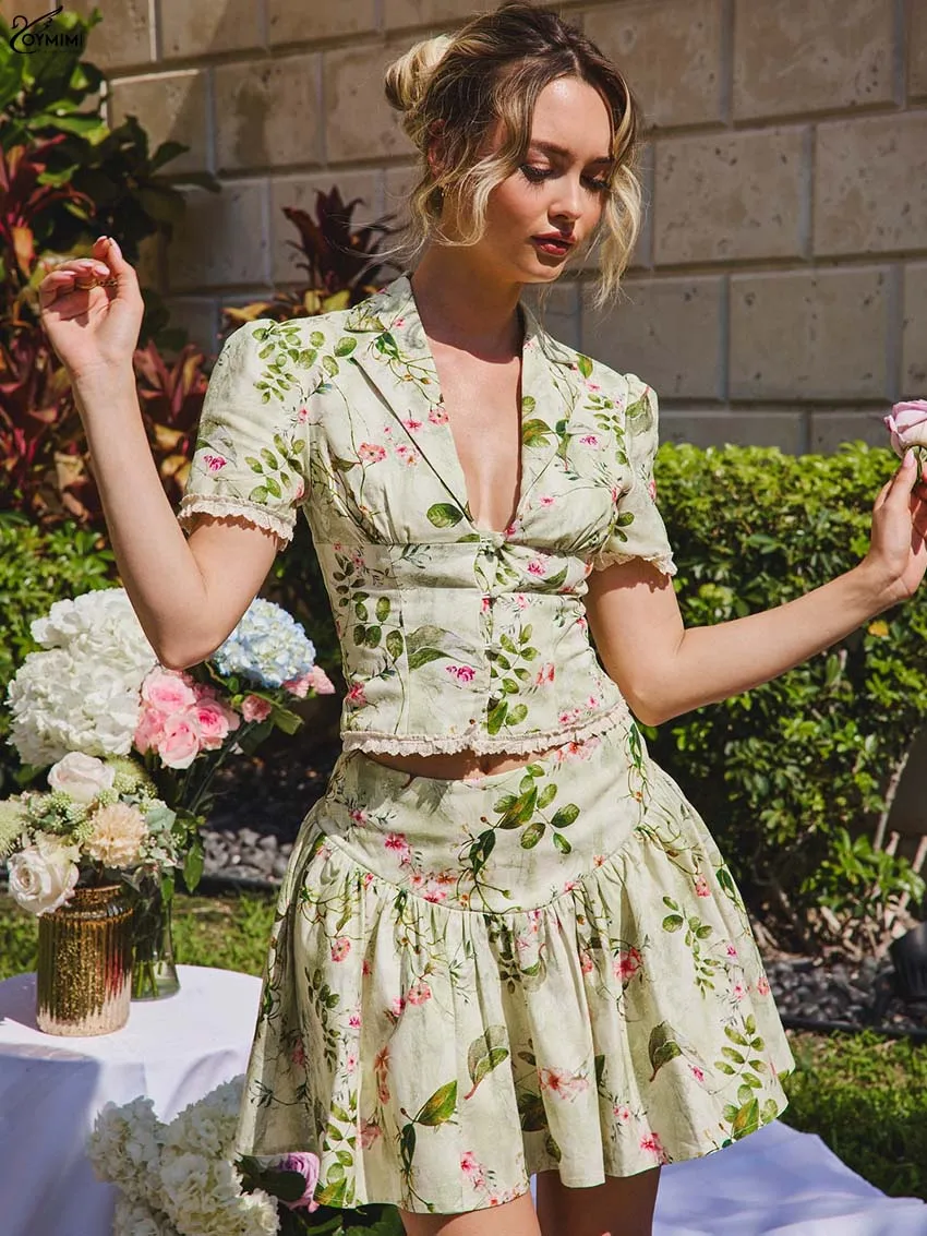 

Oymimi Casual Green Print Woman 2 Piece Set Outfit Autumn Lapel Short Sleeve Lace Button Shirts And Pleated Mini Skirts Sets