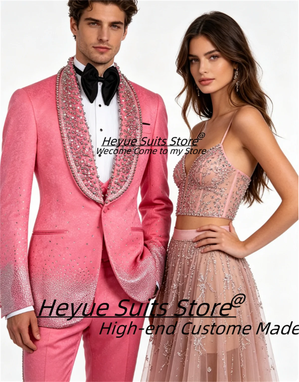 

Fashion Beaded Embroidery Pink Groom Wedding Tuxedos Customized Slim Fit Shawl Lapel Men Suits 2Pieces Sets Male Evening Blazers