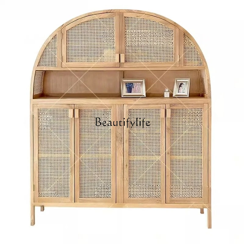 

Nordic rattan living room dining side cabinet, creative semi-round solid wood rattan surface locker