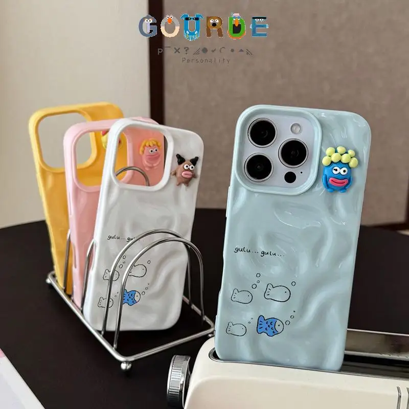 Gourde lindo pez gato monstruo de dibujos animados DIY funda de teléfono con pliegues ondulados para Iphone 16 15 14 12 13 11 Pro Max Ip 14Plus contraportada