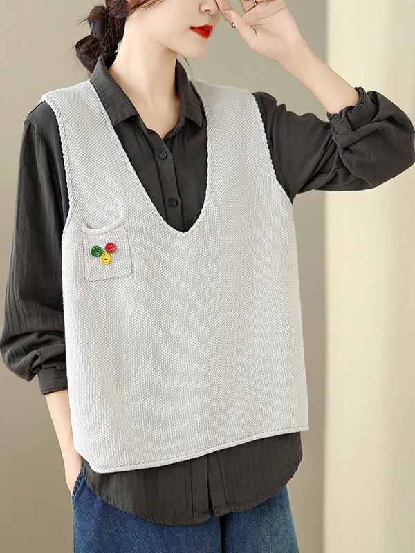 루즈핏 브이넥 니트 베스트 여성용 봄 가을 신상 스타일 민소매 겹겹이 입는 티셔츠 상의 출퇴근 스타일