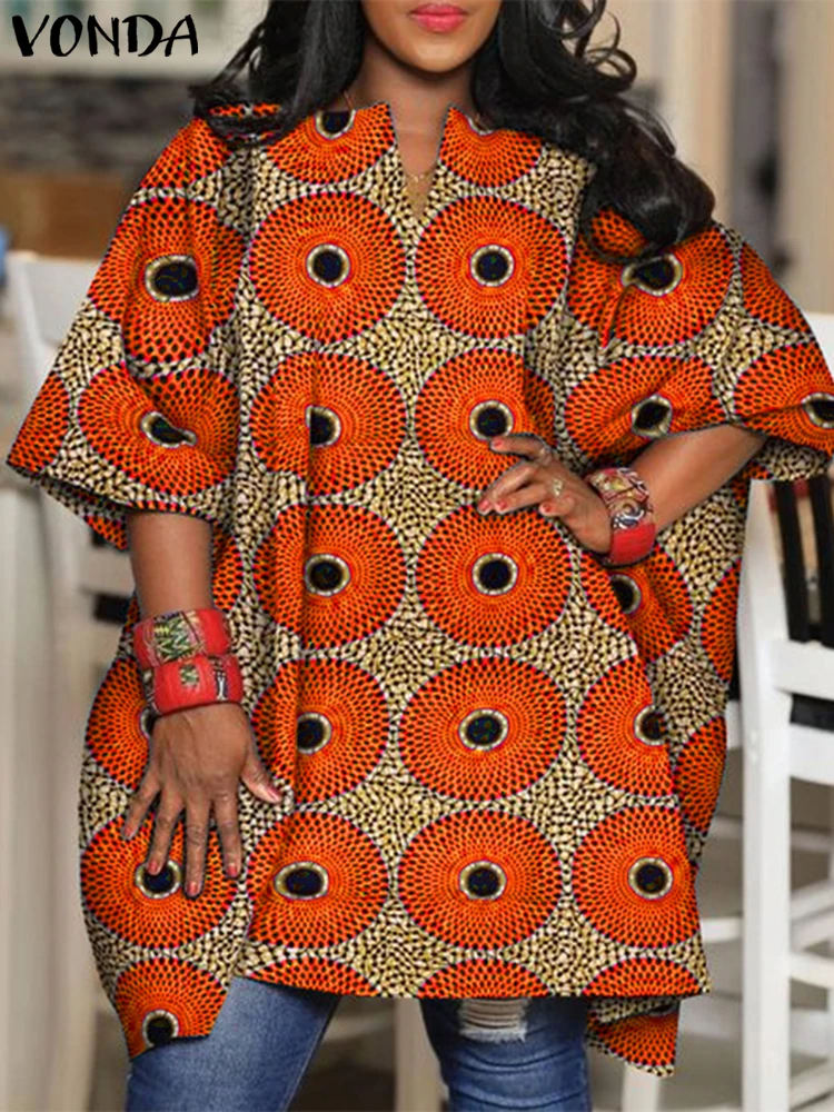 Plus Size 5XL VONDA Women Blouse Vintage Printed Tops Summer V-Neck Bohemian Shirts Bat Sleeve Casual Loose Blusas