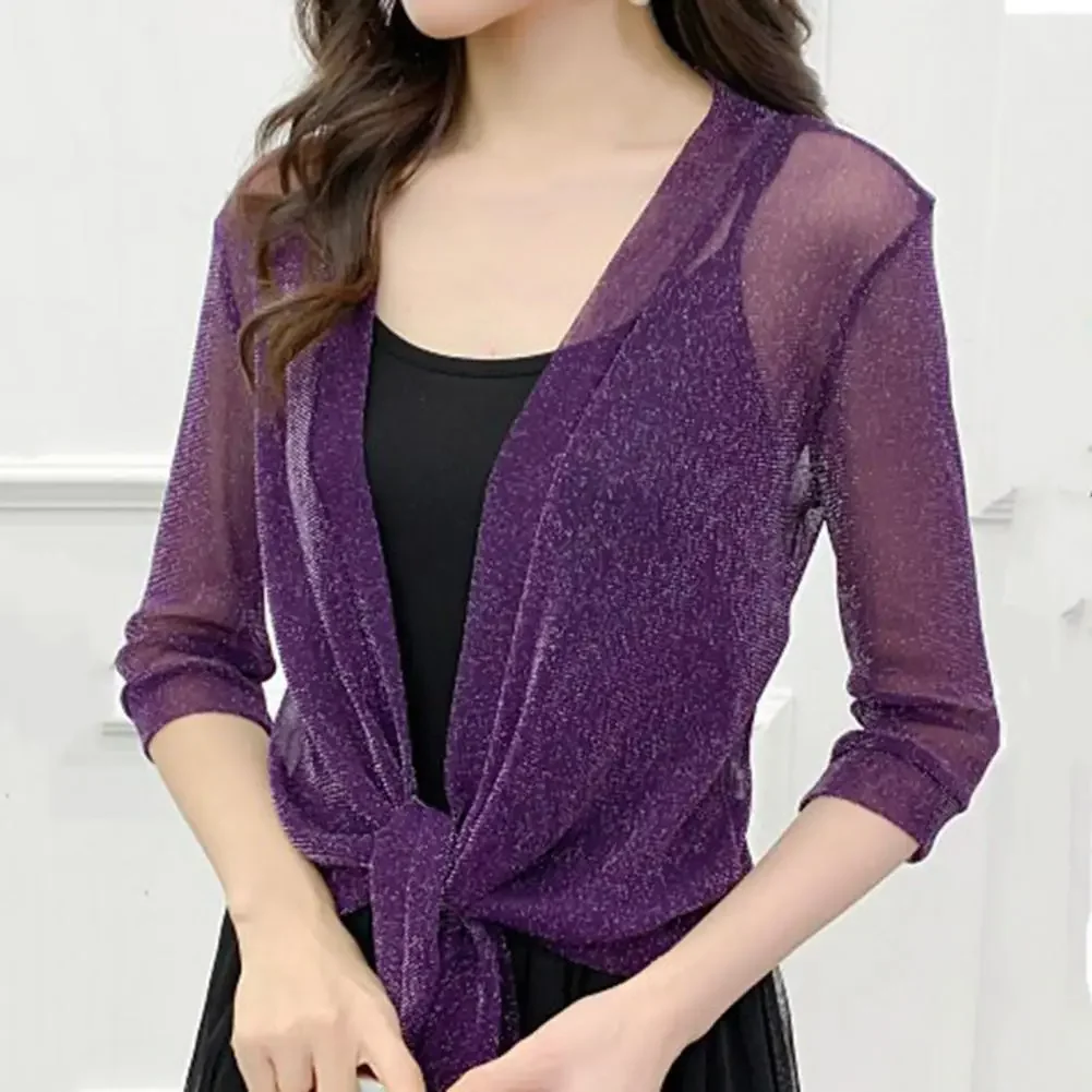 Women's Sheer Glitter Lace-up Cardigan Lightweight Jacket Half Sleeve Summer See-through Loose Blouse Women