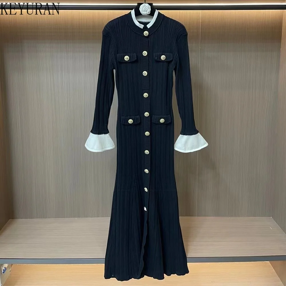 

Осень-зима элегантное вязаное длинное платье женское корейское с расклешенными рукавами и круглым вырезом с оборками однобортное облегающее вечернее платье Vestidos