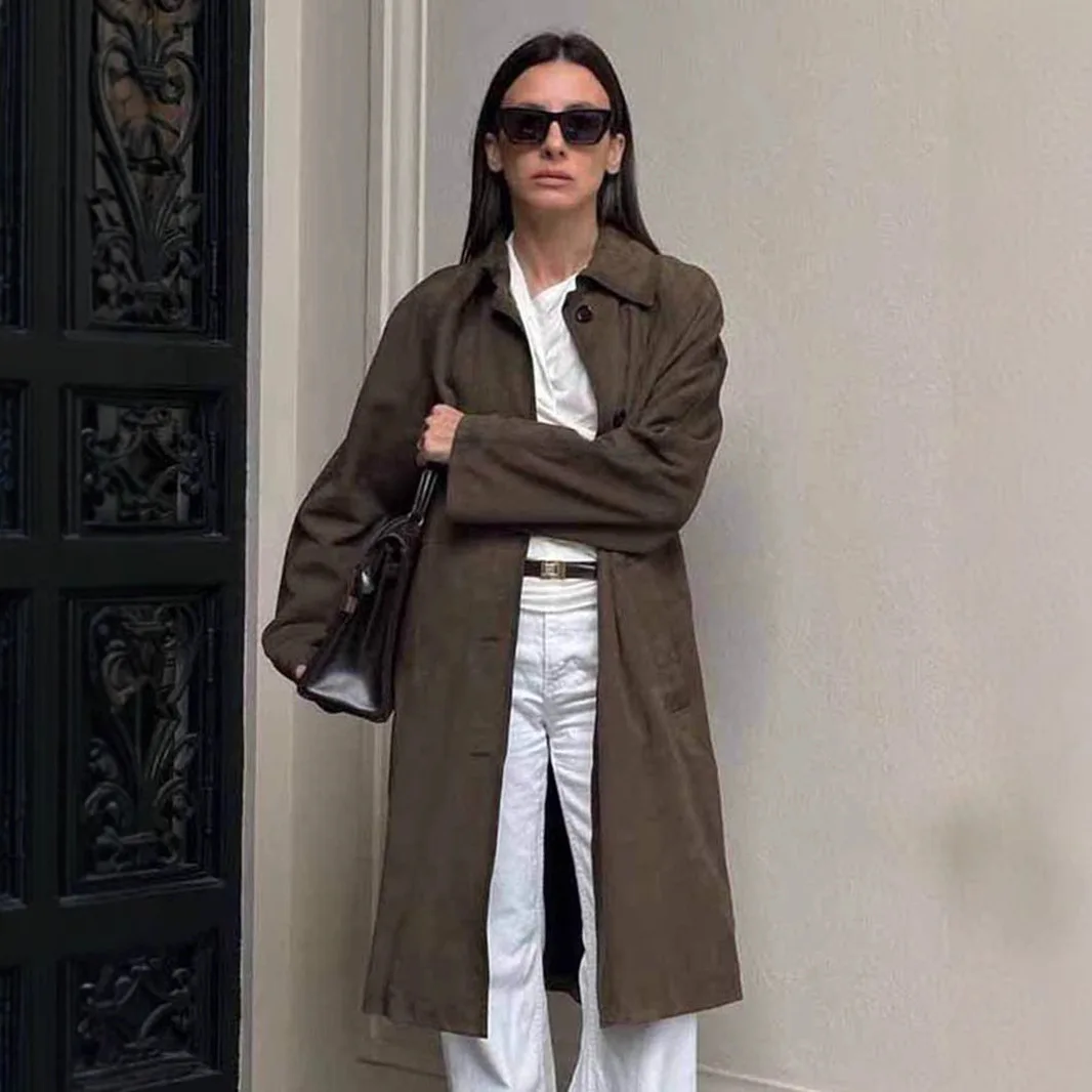 

Autumn And Winter Retro Brown Suede Coat Women's Long High-end Loose Lapel Jacket Commuter Women's Clothing