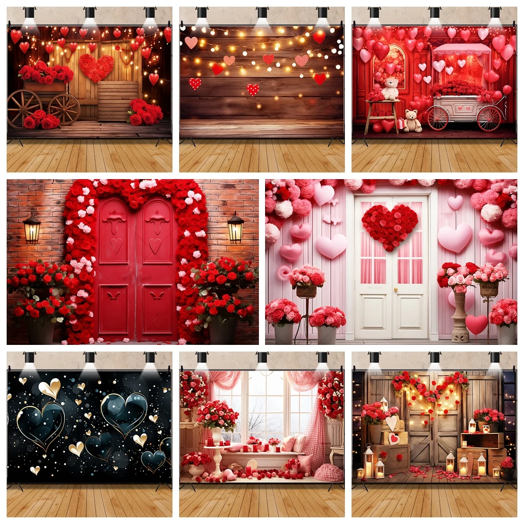 Wooden Heart Shape Light Photography Background Valentine\'s Day Romantic Red Love Flower Candle Photo Studio February 14