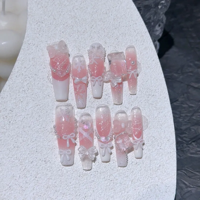 10 pièces doux rêveur fait à la main presse sur les ongles perle flocon de neige arc dentelle Lolita français faux ongles amovibles réutilisables