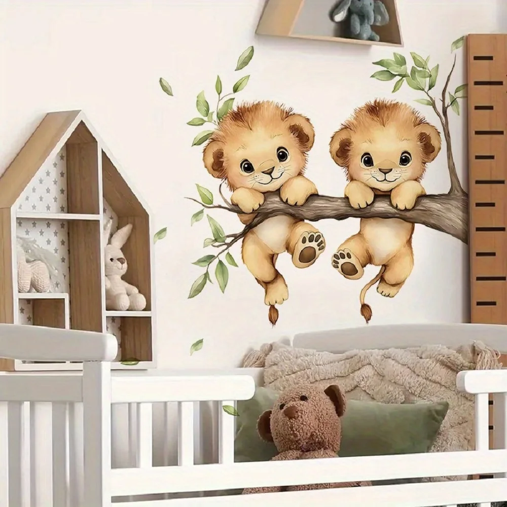 1 Cute Lion Cub Wall Sticker - Modern Animal Print Decoration with Realistic Lion and Branch Design, Suitable for Wall Stickers, Living Room, Bedroom, Bathroom, Toilet Stickers