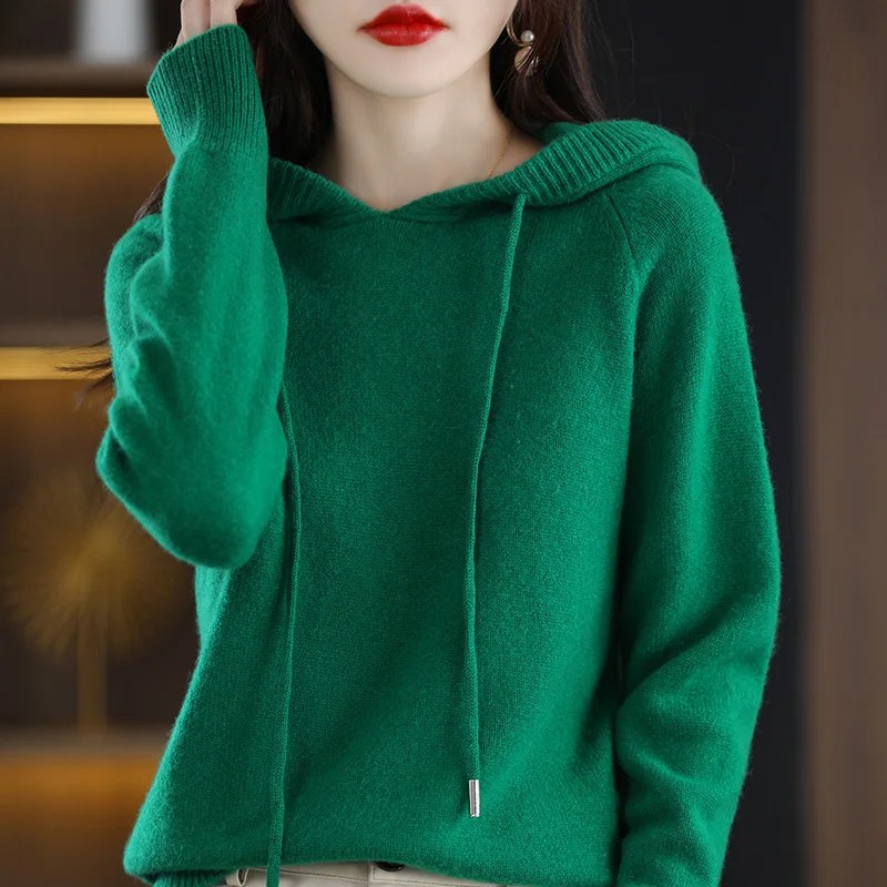 2024 Autumn and Winter New Hooded Cashmere Sweater Women Hooded Pullover Sweater Warm Loose Hooded Knitted Sweater