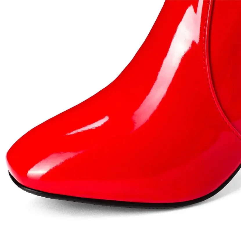 Red White Patent Leather Women Knee High Boots Block Heels Go Go Halloween Party Dress Lady Square Toe Winter Zipper Long Shoes