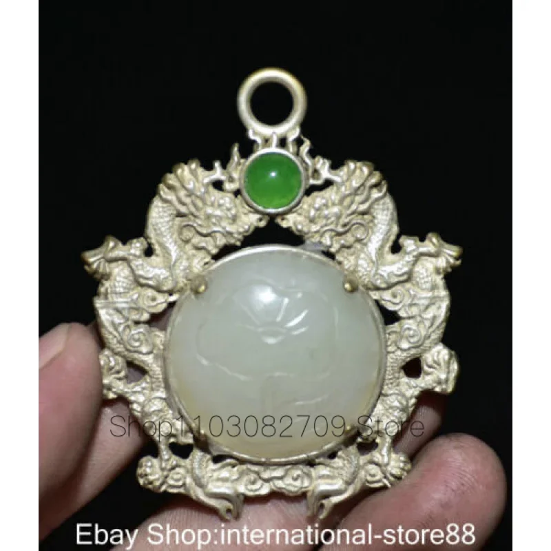 2.6 Inch Old Chinese Miao Silver Inlaid White Jade Gem Style Water Dragon Flower Pendant