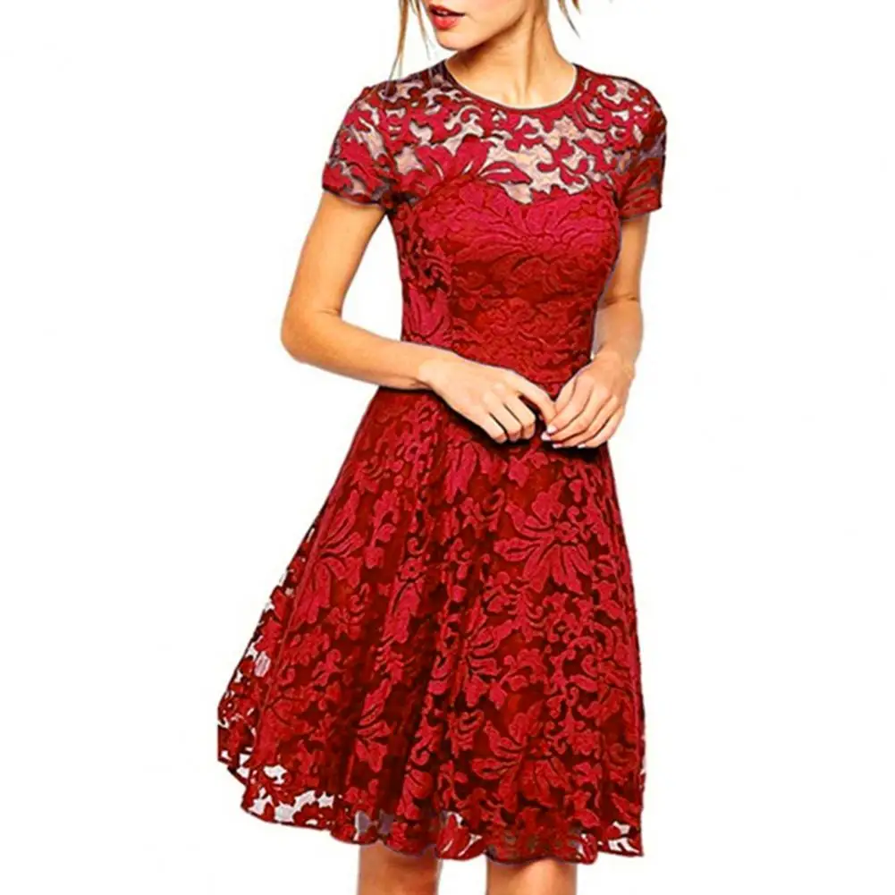 Lace Short Sleeves Dress 2023 Women Summer Dress See-through Hollow Out Big Hem Round Neck A-line Prom Dress