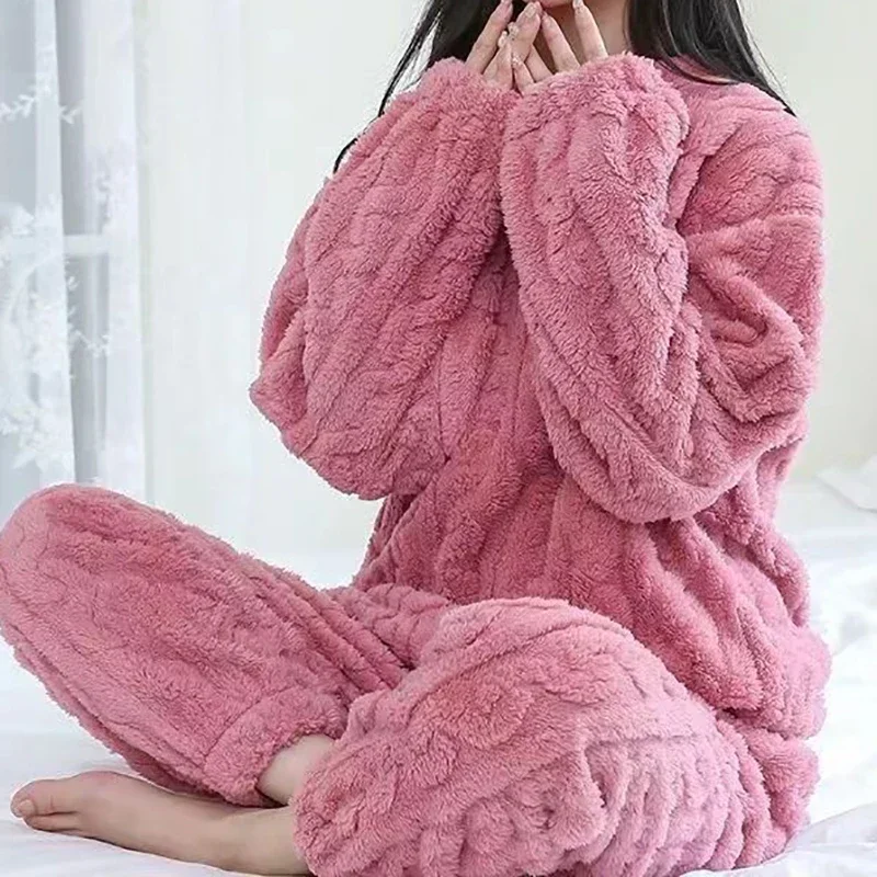 Women Thickened Thermal Suits Velvet Ribbed Warm 2 Piece Fleece Pullover And Pants Sets Casual Pajama Sets Women Autumn Winter