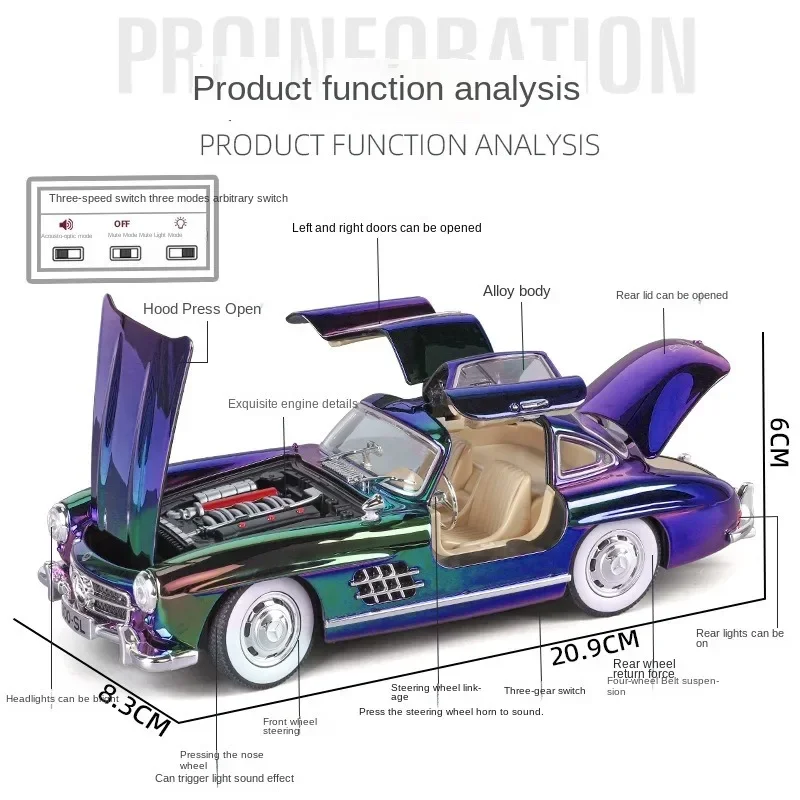 300SL Benzs Vintage Classic Alloy Car Model Simulation 1/24 Scale Sound Light Children Boy Diecast Toy Vehicle Miniature Voitur