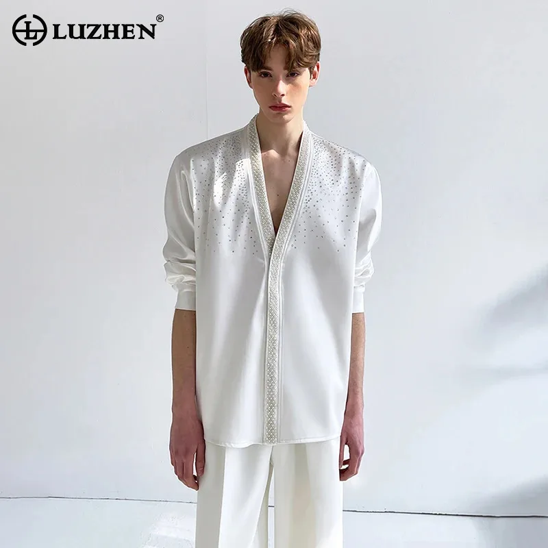 LUZHEN 2025 Luxury Fashion Diamond Patchwork V Neck Long Sleeve Shirts Original High Quality Handsome Casual Male Clothes JY3272