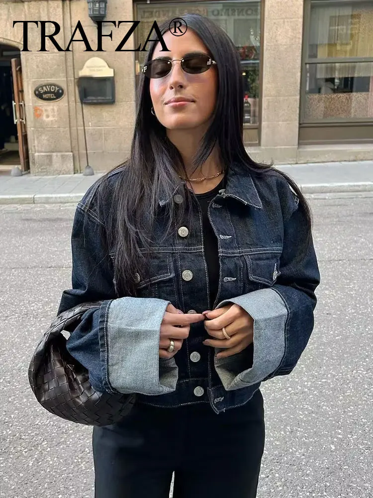 TRAFZA femmes Vintage veste en jean simple boutonnage revers à manches longues manteau avec poches bleu foncé veste en jean mode haute rue