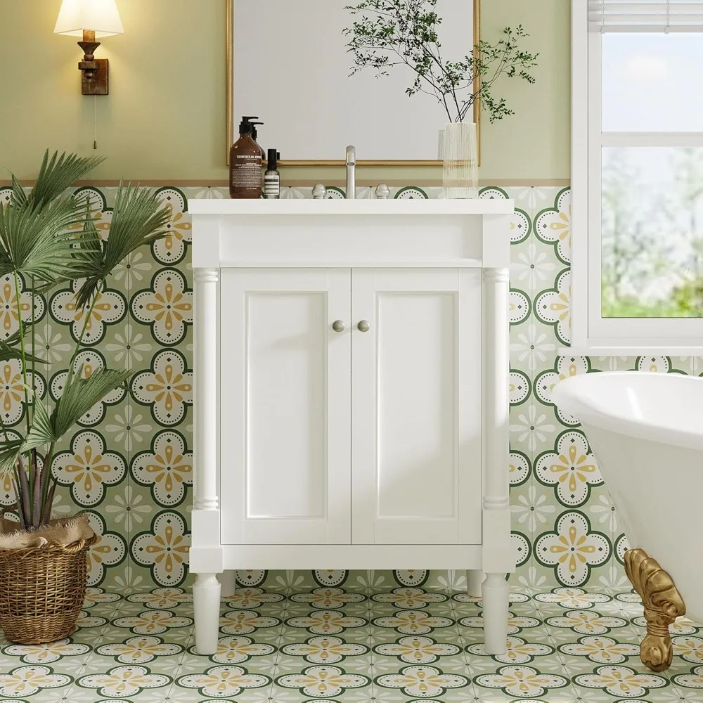 

24” Bathroom Vanity with Sink, Powder Room Small Bathroom Vanity with 2-Door Cabinet, Undermount Sink, Solid Wood Frame Bathroom