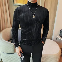 Korean Button Decoration Long Sleeved T-shirt Men's Autumn Winter Half High Collar Casual T-shirt Business Social Base Tee Tops