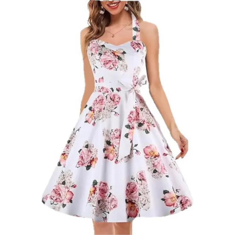 

Summer Beach Dress 2026 Spaghetti Strap Slim Waist Floral Print Sleeveless Party Casual Skirt Cute Midi Dresses Women Clothes