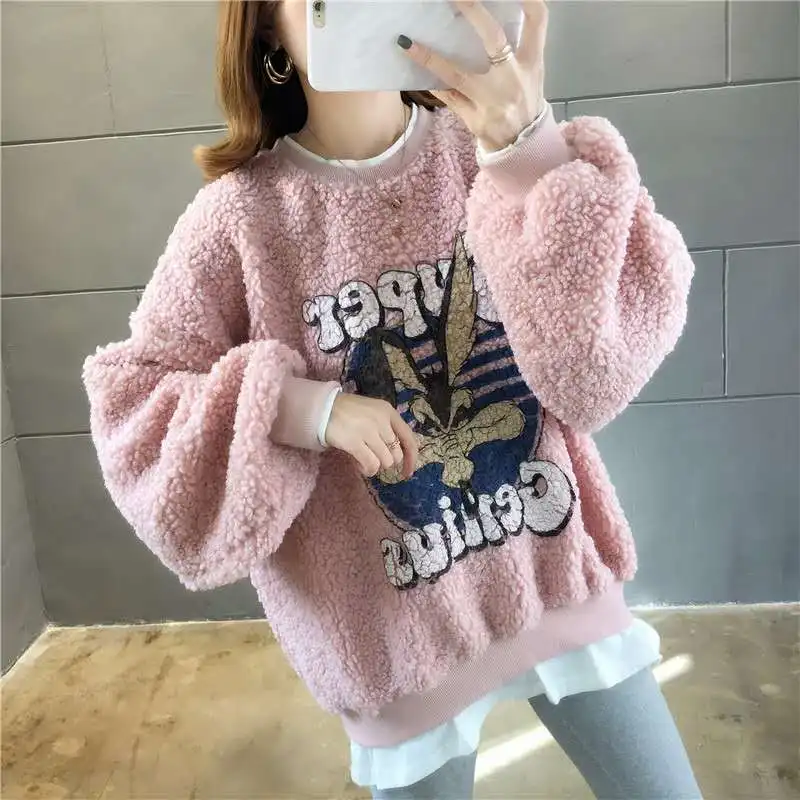 

Женская зимняя толстовка с мехом ягненка Thiened, студенческая верхняя одежда на подкладке с героями мультфильмов, корейская круглая толстовка Ne Long Sve, свободная посадка