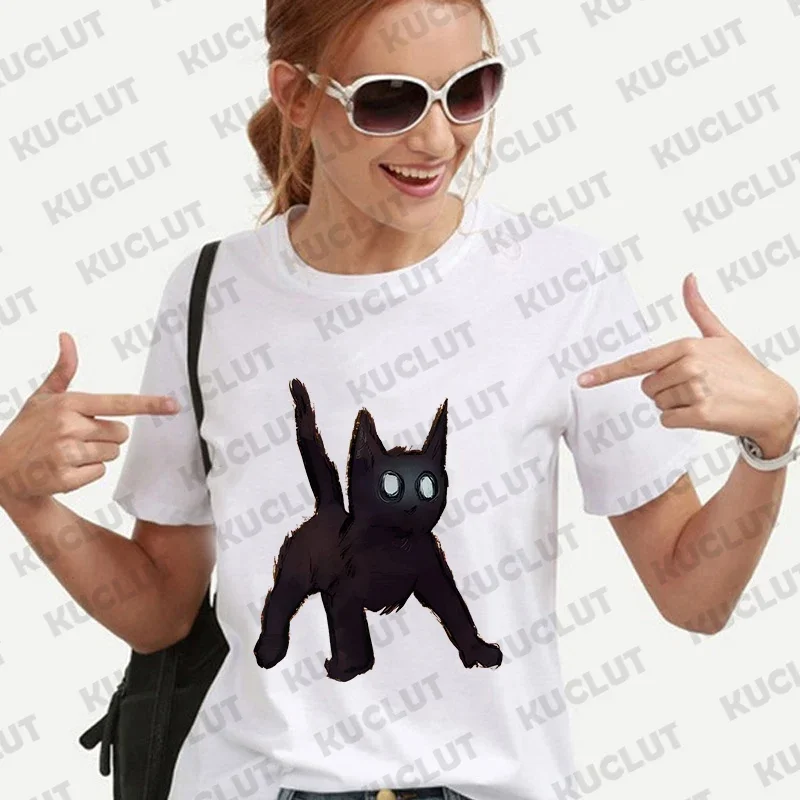 Grappige Zwarte Kat Tee Shirt Vrouwen Kleding Anime Designer Harajuku Esthetische Mode Streetwear Korte Mouw Tee Vrouwelijke Kleding