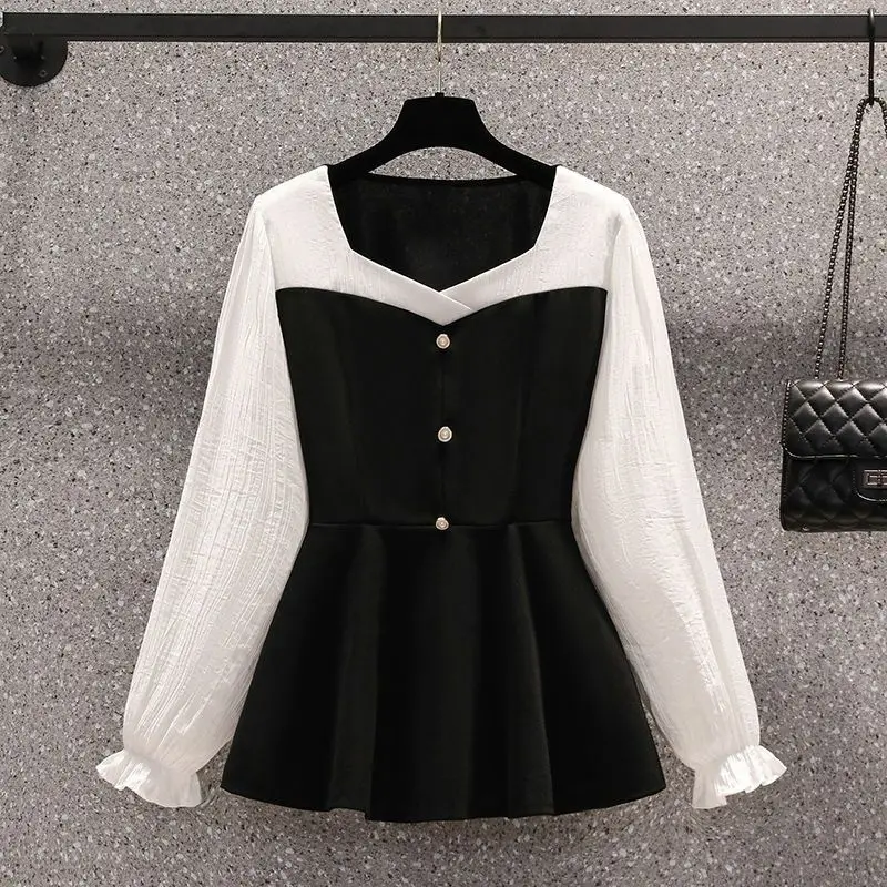 

Splicing Contrasting Colors Long Sleeved Women's Shirt Spring Autumn Casual Versatile Blouses Loose Slimming Top for Women