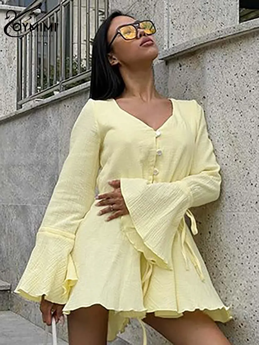 

Oymimi Casual Yellow Cotton Women's Dress Elegant V-Neck Long Sleeve Lace-Up Dresses Fashion Button Pleated Mini Dresses Female