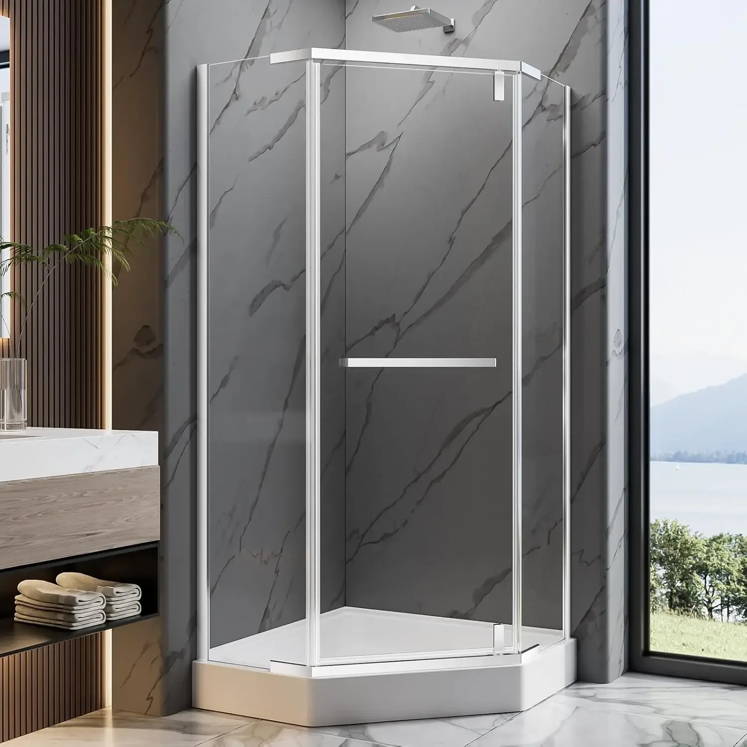 

36 Neo-Angle Shower Door 36" W x 72" H Corner Shower Enclosure, 1/4” (6MM) SGCC Tempered Glass with Explosion-Proof Film, Pivot
