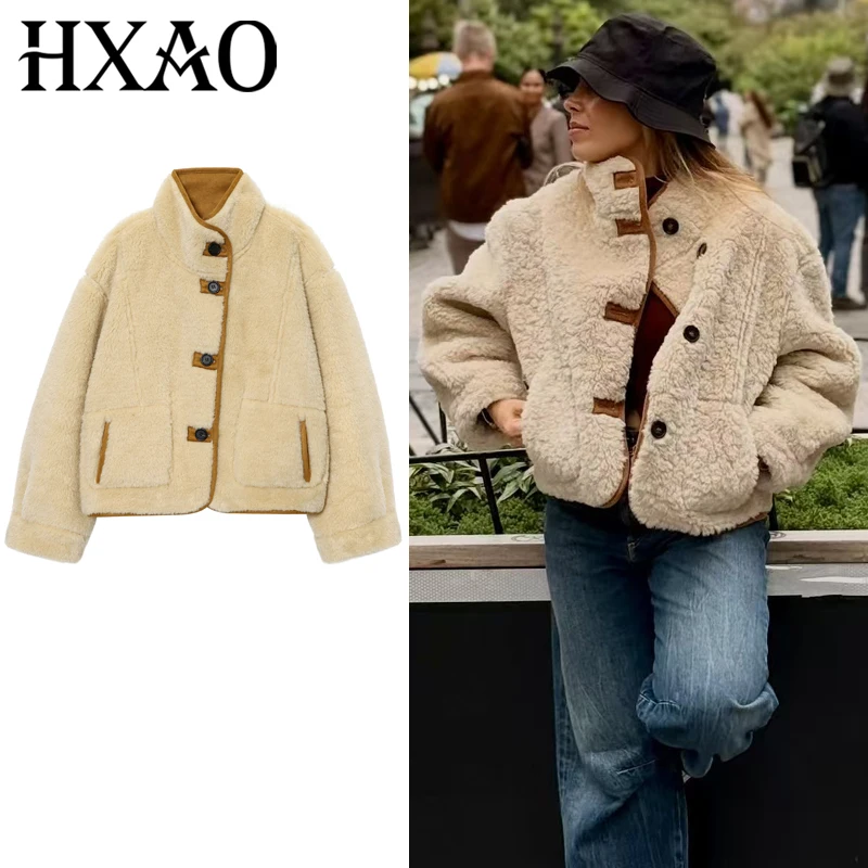 

HXAO 2025 Woman Winter Coats Teddy Fleece Jacket New In Coats & Jackets Elegant Faux Suede Long Sleeve Jacket Warmth Outerwears