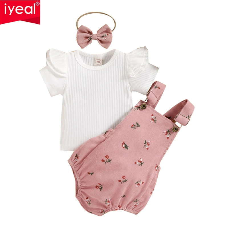 

IYEAL Infant Newborn Baby Girls Flying Sleeve Top+Floral Corduroy Shoulder Strap Shorts + Hair Band 3Pcs Outfits