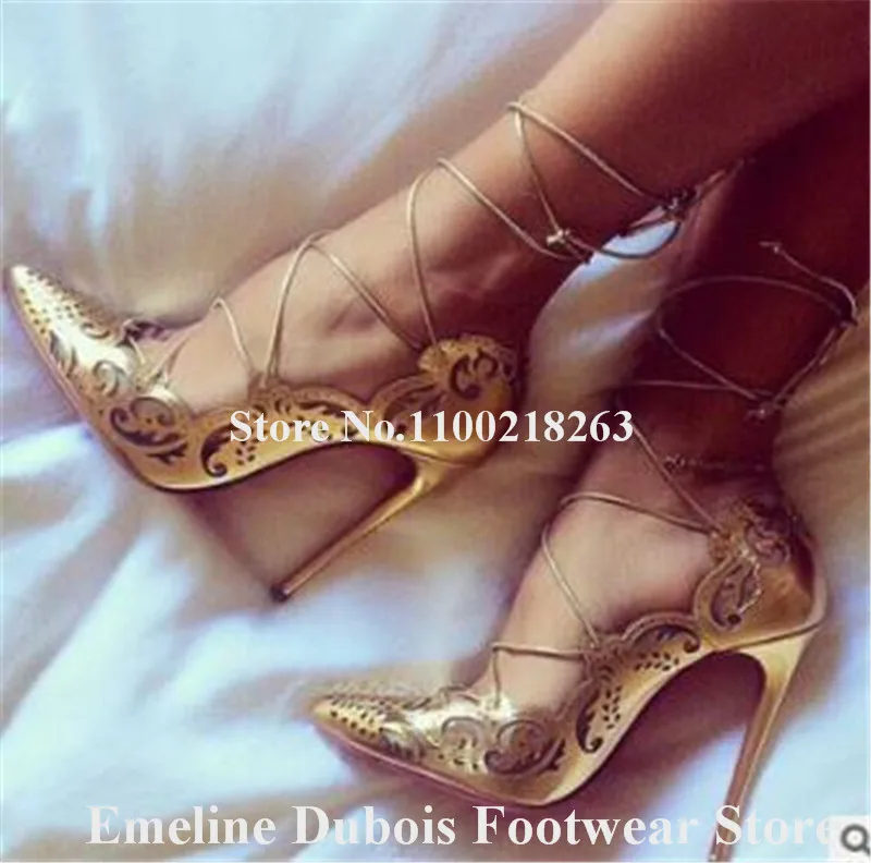 Carved Flowers Stiletto Heel Pumps Emeline Dubois Pointed Toe Cut-out Patent Leather High Heels Lace-up Yellow Gold Wedding Shoe