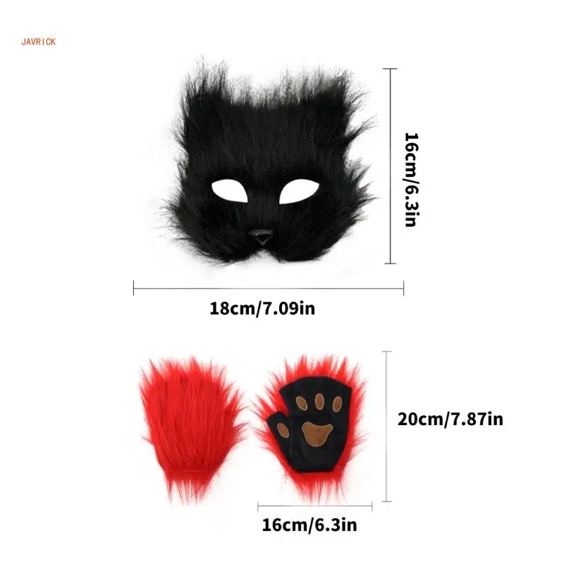 N1he máscara raposas gatos, máscara animais raposas com patas, luvas therians, conjunto máscara luvas para festa