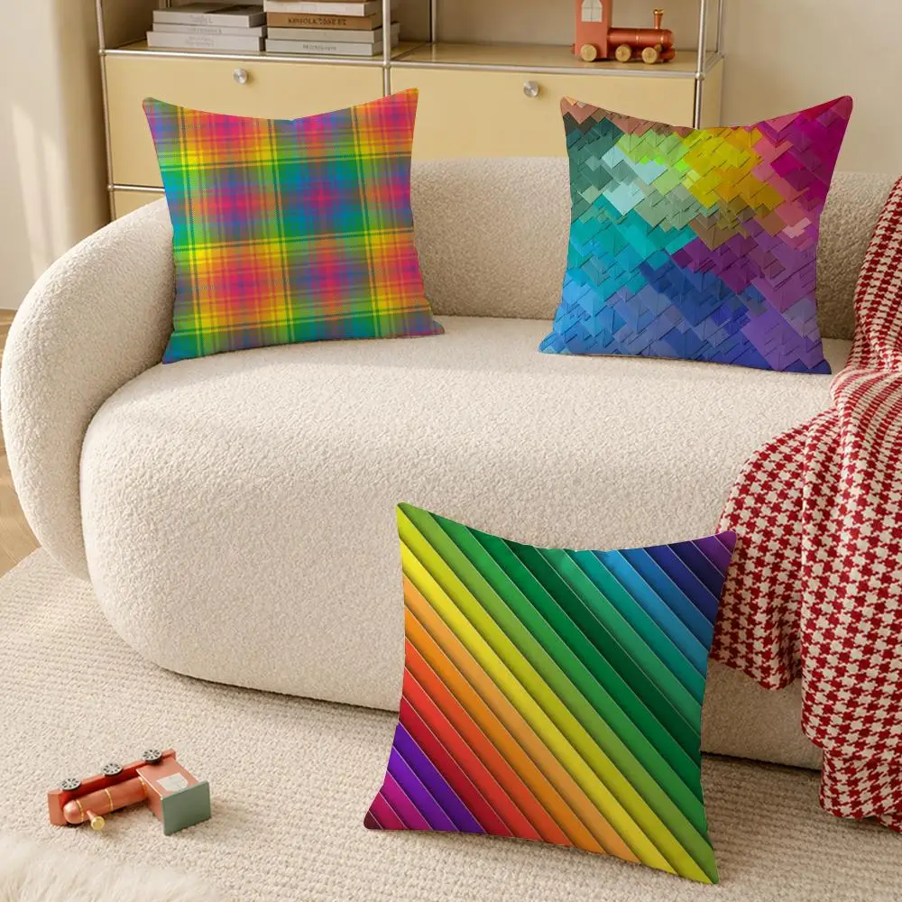 Color blocking Art Cushion Cover Anti-dustmite Pillowcase Invisible zipper silky short plush Sofa cushion cover