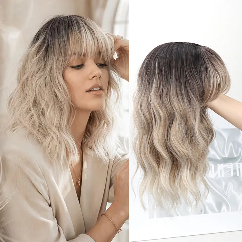 Toupee de Cabello Sintético Corto Ondulado Bob de 14 Pulgadas con Clip, Cubre el Cuero Cabelludo para Cabello Delgado, Uso Diario